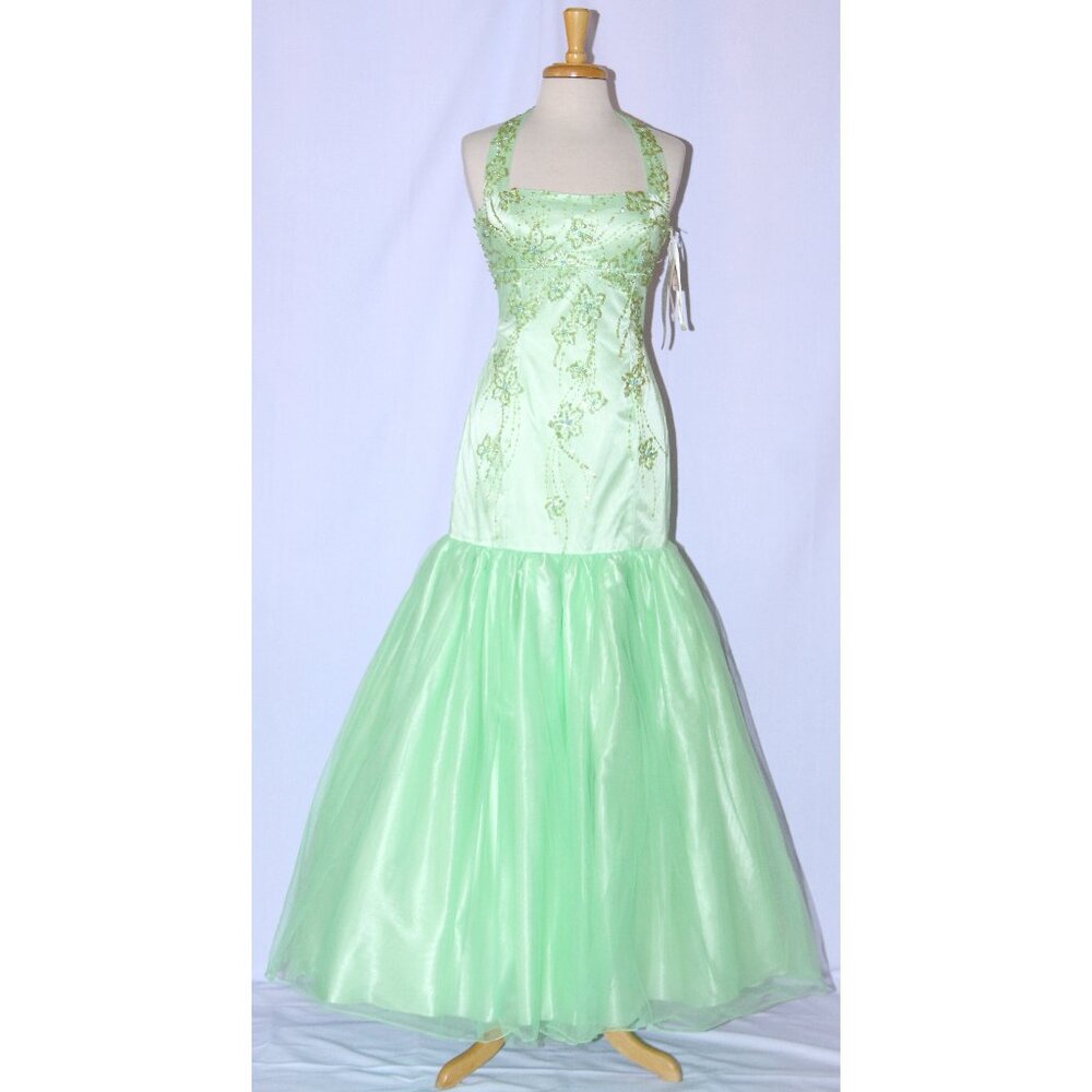 Loralie #7484 Hand Beaded Tulle Fit and Flare Prom Gown-Size 8-Apple Green-NEW
